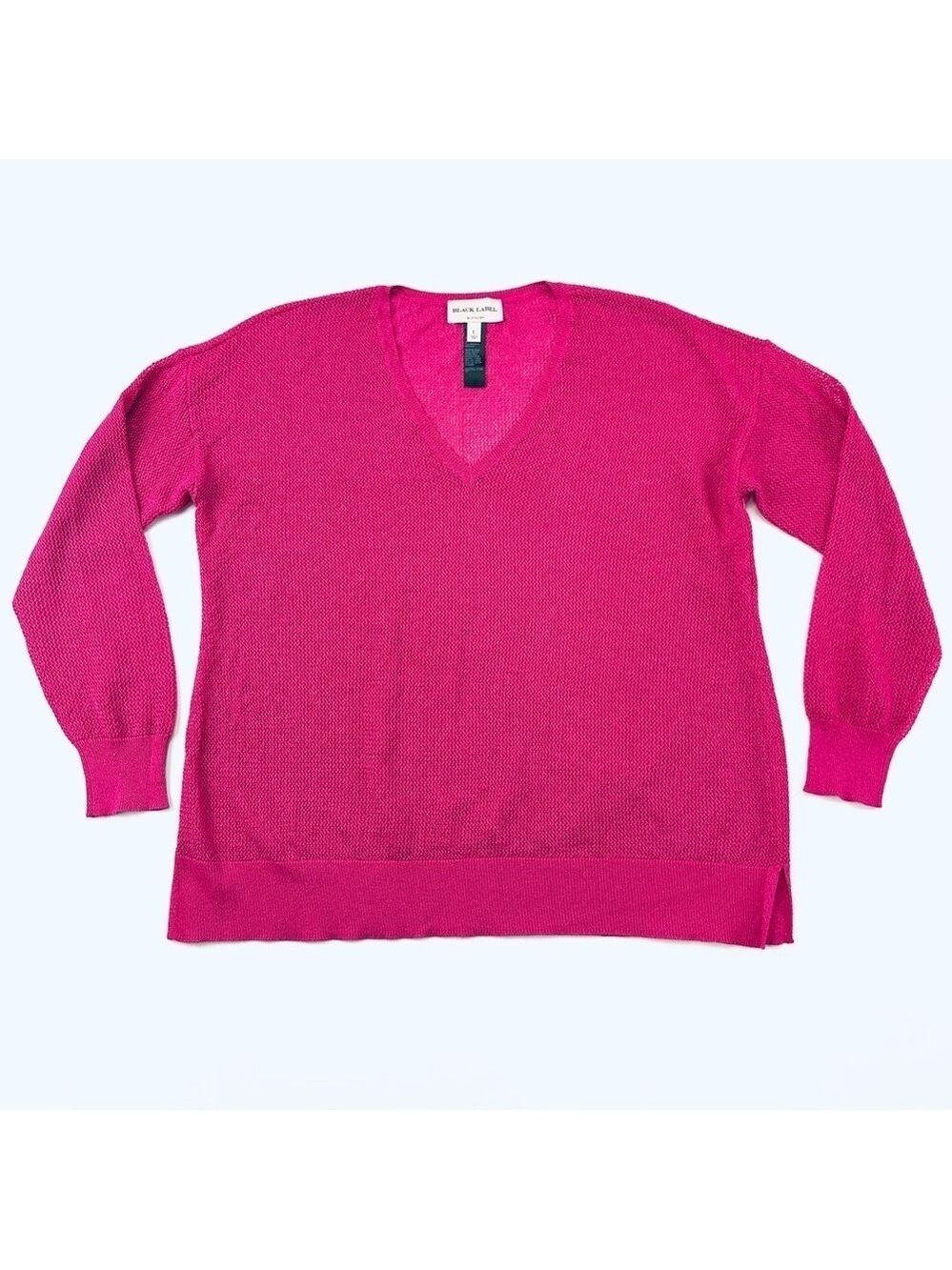 Chicos Black Label fuchsia open knit Vneck pullover sparkle sweater Large